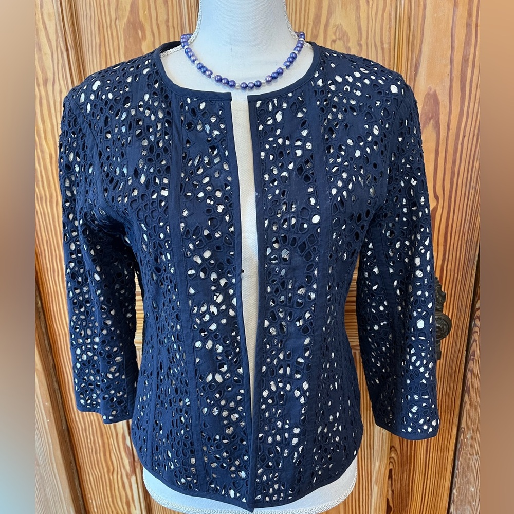 Chico’s Navy Blue Eyelet Cotton Jacket